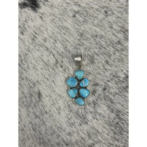 Sterling Silver 2” Blue Ridge Turquoise Multistone Cluster Pendant 6 Stone 925 - Picture 2 of 10